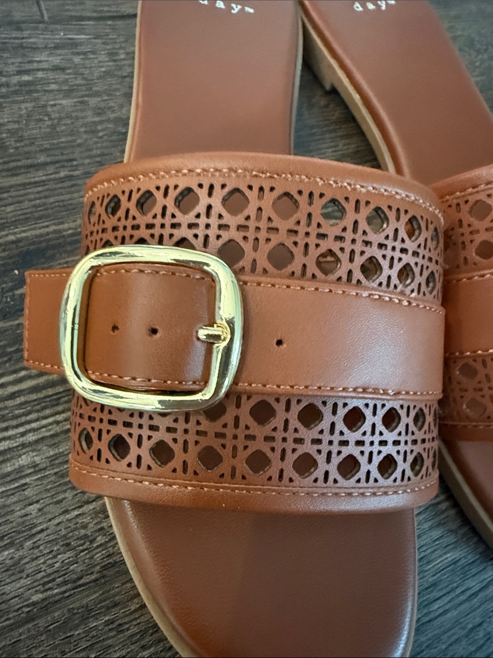 a new day NWOT Cognac Brown Slide Sandals with Gold Buckle 6 1/2 - Picture 3 of 7